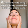 Customer D.A. massages 003-Hy Hydrating Face Cream into her face.  Quote in caption: