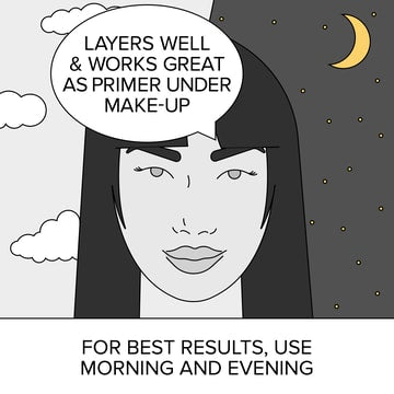 Drawing of woman  against sky split into day and night. Caption: For best results, use morning and evening. Layers well & works great as primer under makeup.