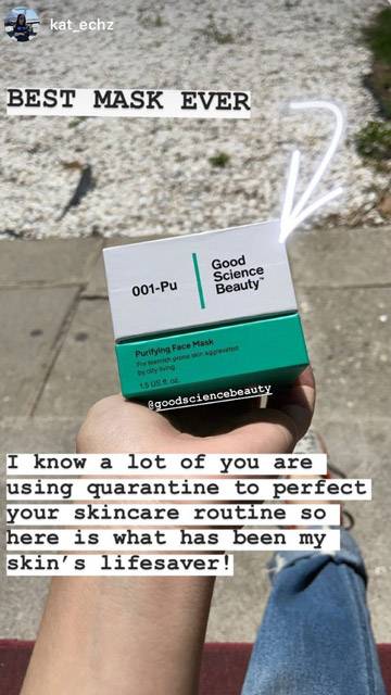 Instagram story frame of hand holding 001-Pu Purifying Face Mask box above concrete pathway. Caption reads: BEST MASKE EVER. I know a lot of you are using quarantine to perfect your skincare routine so here is what has been my skin's lifesaver