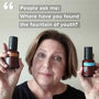 Cusomer Karen H. holding the 003-Hy Hydrating Face cream up in her left hand and the 005-Fi Skin Firming Cream in her right hand. Quote in caption: 
