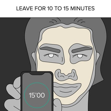 Drawing of man with facial mask applied and a cell phone in his hand showing a stopwatch on the screen. Caption: ng Leave for 10 to 15 minutes.