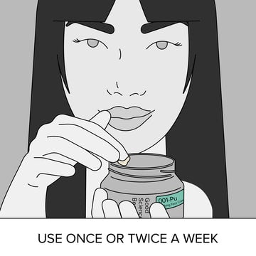 Drawing of woman dipping her finger into a jar of 001-Pu Purifying Facial. Caption: Use once or twice a week.