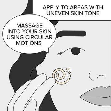 Drawing of woman's face. Her hand applies cream to her cheek. Caption: Apply evenly across face & neck. Massage into your skin using circular motions.