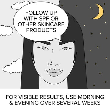 Woman's face with split day/night sky. Caption: Follow up with SPF or other skincare products. For visible results, use morning & evening over several weeks.