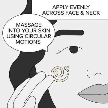 Drawing of woman's face. Caption: Apply evenly across face & neck. Massage into your skin using circular motions.