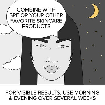 oman's face with split day/night sky. Caption: Combine with SPF or with your other skincare products. For visible results, use morning & evening over several weeks.