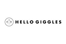 Black and white logo of Hello Giggles on white background