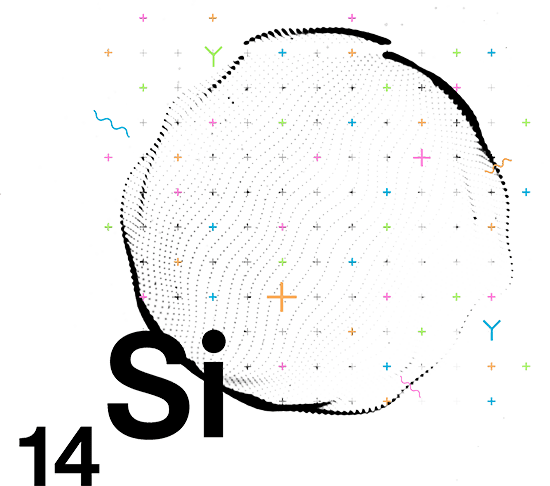 Graphical representation of silicon particle with plus symbols denoting positive charge and the letters 14 Si denoting Silicon and its atomic number.